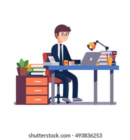 Business man entrepreneur in a suit working at his office desk. Modern colorful flat style vector illustration isolated on white background.