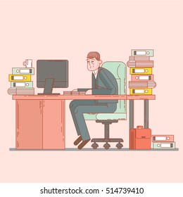 Business man entrepreneur in a suit working on a laptop computer at his clean and sleek office desk. Flat style color modern vector illustration.