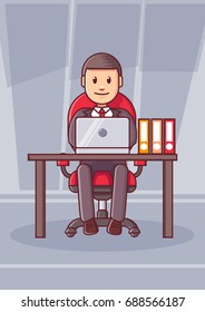 Business man entrepreneur in a suit working on a laptop computer at his clean and sleek office desk. Flat style color modern vector illustration.