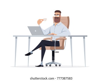 Business man entrepreneur in a suit working on a laptop computer at his clean and sleek office desk. Flat style vector illustration.
