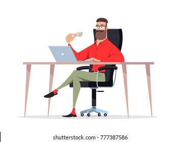 Business man entrepreneur in a suit working on a laptop computer at his clean and sleek office desk. Flat style modern color vector illustration.