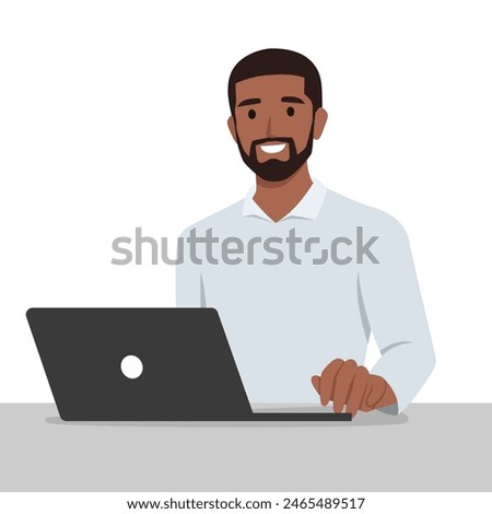 Business man entrepreneur in a suit working on a laptop computer. Flat vector illustration isolated on white background