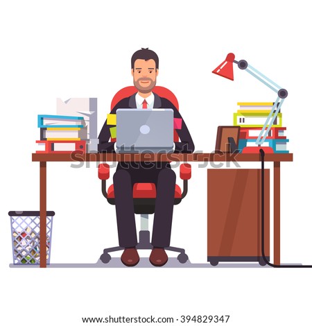 Business man entrepreneur in a suit working at his office desk. Flat style modern vector illustration.