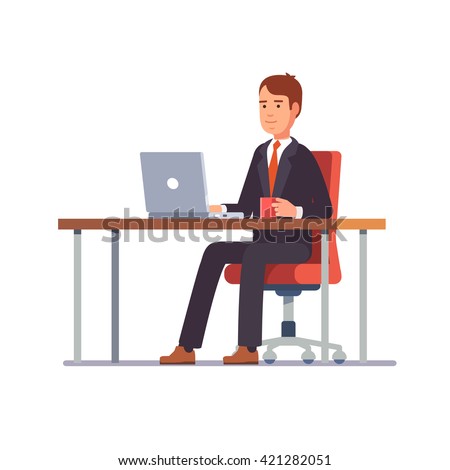 Business man entrepreneur in a suit working on a laptop computer at his clean and sleek office desk. Flat style color modern vector illustration.