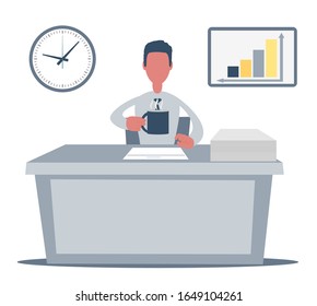 Business man entrepreneur working on his clean and sleek office desk. Flat style color modern vector illustration.
