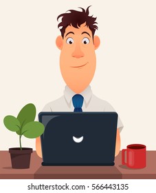 Business man entrepreneur working on a laptop computer at his office desk. Cute cartoon character business man. Modern color vector illustration. EPS10
