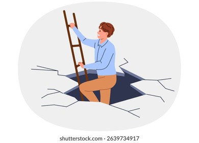 Business man escape from difficult situation, showing courage and climbing stairs from abyss. Guy found escape from problem by making effort to independently achieve goal or reach new level