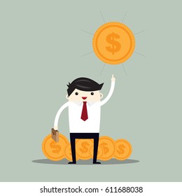 Business man escape from giant hand bill.