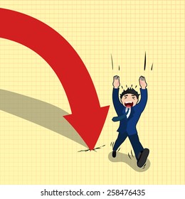 business man escapes from falling arrow, business concept in bankruptcy or going down economy 