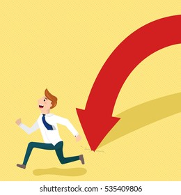 Business man escapes from falling arrow. Business concept in bankruptcy or going down economy