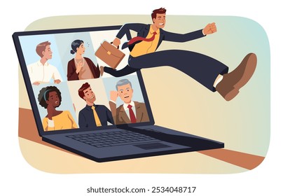 Empresário escapando da chamada de videoconferência. Empresário salta da tela do notebook com colegas irritados. Ilustração de caractere de vetor plano de conceito de comunicação