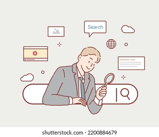 Business man examines through a magnifying glass with search engine button. Hand drawn style vector design illustrations.