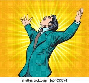 Business man are excited, happy, He showed a smile while raising his hand. Pop art retro illustration comic Style Vector, Separate images of people from the background.