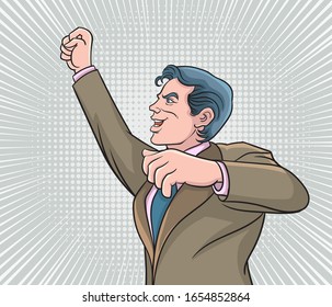 Business man are excited, happy, He showed a smile while raising his hand. Pop art retro illustration comic Style Vector, Separate images of people from the background.