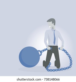 Business Man Or Executive Breaking Free Of Ball And Chain. Debt Free Concept Vector.