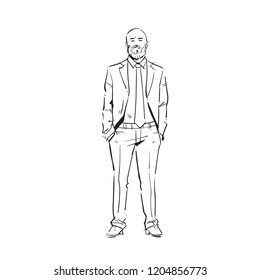 business man executive hold hands pocket concept businessman full length on white background hand draw silhouette sketch vector illustration