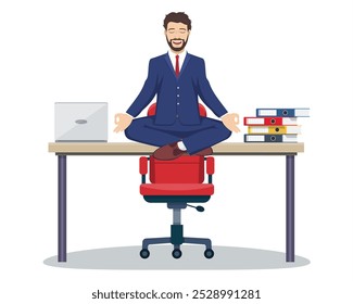 Business man, executive manager sitting on office desk in padmasana lotus yoga pose doing mindful meditation with smiling face. Vector illustration in flat style