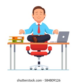 Business man, executive manager sitting on office desk in padmasana lotus yoga pose doing mindful meditation with smiling face near laptop and document file folders. Flat style vector illustration.