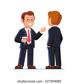 Business man executives talking and drinking at cocktail party or fundraiser event. Flat style vector illustration isolated on a white background.