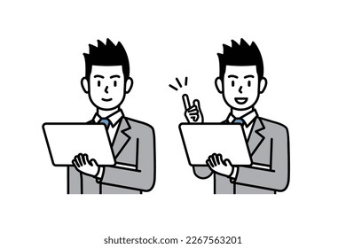 A business man explaining and guiding a laptop