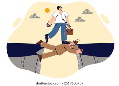 Hombre de negocios explota subordinado para lograr objetivos, camina sobre empleado colgando sobre acantilado. El gerente explota al empleado de oficina debido al oportunismo y el deseo de subir escaleras profesionales a cualquier costo