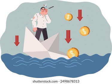 Business man failed and is at risk of going bankrupt due to crisis, standing on sinking paper ship. Tired guy is sad because of upcoming bankruptcy or loss of money invested in stocks