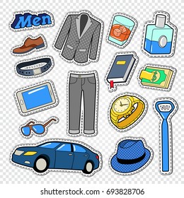 Business Man Fashion Style Doodle. Male Stickers, Badges and Patches with Clothing and Accessories. Vector illustration