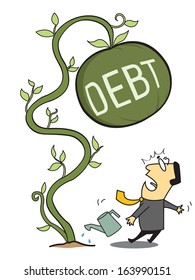 Business man feel shocked because the profit he expected from investment becomes big debt, representing with growing tree but gain debt. Business concept.