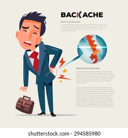 business man feeling pain in back. Businessman suffering from back pain with film x-ray inside. character design - vector illustration