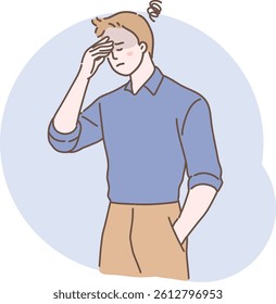 business man is feeling stressed at work and has a headache. hand drawn style vector design illustration.