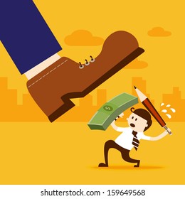 Business man fight to giant foot with dollar shield and pencil sword