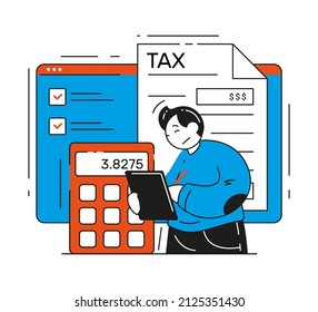 Business man filing taxes banking financial document counting revenue expenses vector flat illustration. Online income tax return refund businessman report form of annual individual information