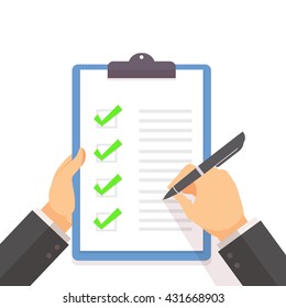 Business man fill the green check list on the clipboard with hand holding concept flat style vector illustration