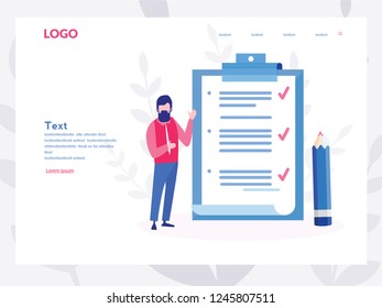 Business man fill out  checklist on a clipboard paper. Big pencil, mission completed concept for web page, banner, presentation, social media, documents, cards, posters. Vector illustration