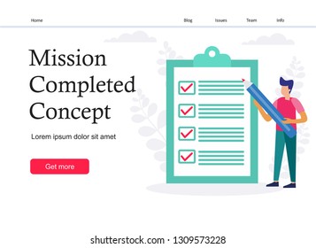 Business man fill out checklist on a clipboard paper. Big pencil, mission completed concept for web page, banner, presentation, social media, documents, cards, posters. Vector illustration - Vector 