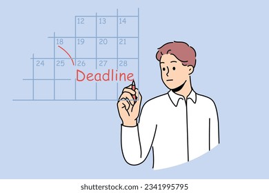 Business man fills in calendar and makes note of deadlines so as not to miss day of reporting to customer. Guy works as team leader and keeps track of deadlines for data to complete tasks.