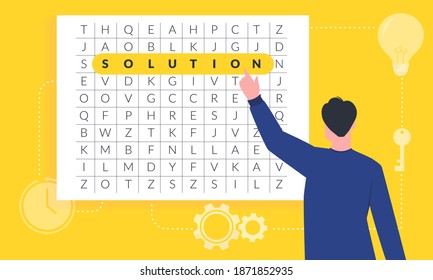 Business man finding the new ideas and solution illustration. Highlighted word solution in the mess crossword game. Entrepreneur searching the key to solve the problem in challenging times.