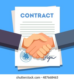 Business man firmly shaking hands over a signed contract with stamp. Modern flat style vector illustration.