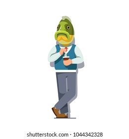 Business Man With Fish Head Standing With Tea In Disposable Cup In Hand. Carp Fish Animal Head Person Clerk Character Wearing Clothes. Flat Style Vector Illustration Isolated On White Background