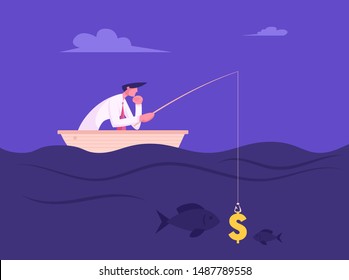 Business Man Fishing with Dollar Sign like Bait. Success Finance Growth Strategy. Manager or Office Employee Earning Money Concept Catching Fish in Opportunities Ocean Cartoon Flat Vector Illustration