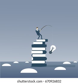 Business Man Fishing Light Bulbs Standing On Books Stack New Creative Idea Concept Vector Illustration