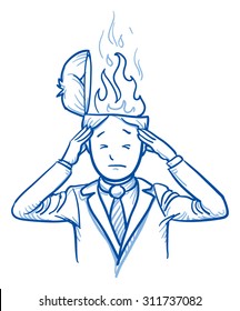 Business man with flames coming out of his head, concept for stress, burnout, headache, hand drawn doodle vector illustration