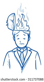 Business man with flames coming out of his head, concept for stress, burnout, headache, hand drawn doodle vector illustration