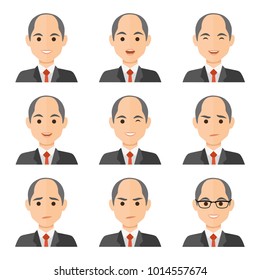Business man flat avatars set with different facial expressions. Bussines people's emotional faces icons collection. Vector illustration.