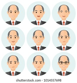 Business man flat avatars set with different facial expressions. Bussines people's emotional faces icons collection. Vector illustration.