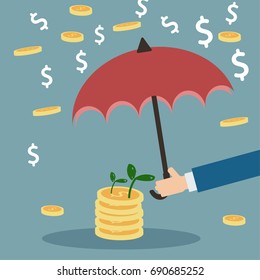 Business man in flat design with money falling on umbrella,money saving for planing concept.