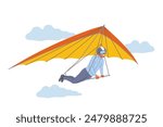 Business man flies on hang glider in search of new opportunities for developing company and increasing sales profits. Guy uses hang glider enjoying opportunity to look at earth from bird eye view