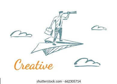 Business man flies in the sky on a paper plane. Vector hand drawn flat concept sketch. Lettering creative. 