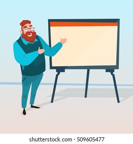 Business Man With Flip Chart Seminar Training Conference Brainstorming Presentation Financial Graph Flat Vector Illustration