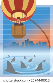 business man floating in a hot air balloon looking down on shark infested swirling water, with line graph showing loss and buildings in the background